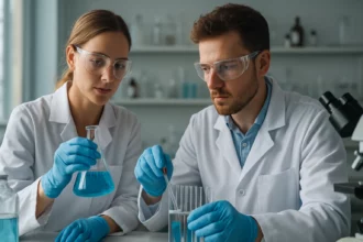 Kémikusok laboratóriumban benzoamid előállításával foglalkoznak.