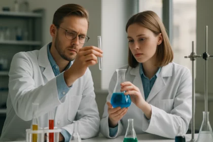 Kémikusok benzol-sav etil-észtert elemeznek laboratóriumban.
