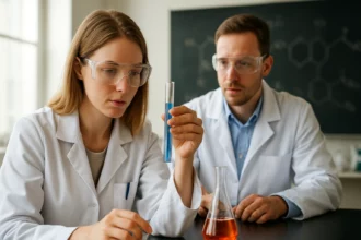 Két kutató laboratóriumban benzoesav-klorid reakciót vizsgálva.