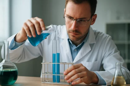 Laboratóriumi munka: kék folyadék tárolása kémcsövekben