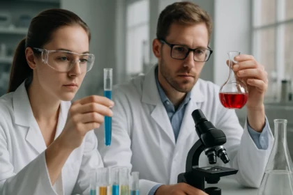 Két tudós laboratóriumban kémiai kísérletet végez