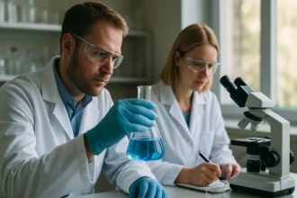 Két tudós kémiai kísérletet végez laboratóriumban.