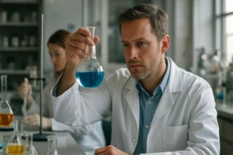 Laboratóriumi kémikus benzoil-benzolt vizsgál a laboratóriumban