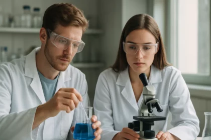 Két laboratóriumi kutató benzoilcsoporttal végzett kísérletet.