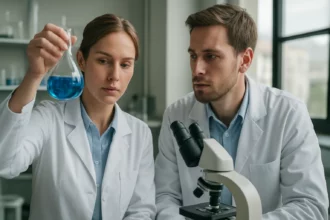 Két kutató laboratóriumban, kék folyadékot vizsgálva.