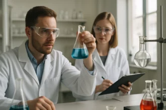 Két kémikus laboratóriumban, kék folyadékkal teli lombikot tartva.