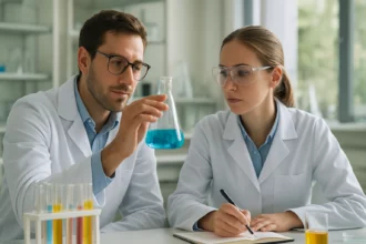 Két kutató laboratóriumi kísérlet során, kék folyadékkal.