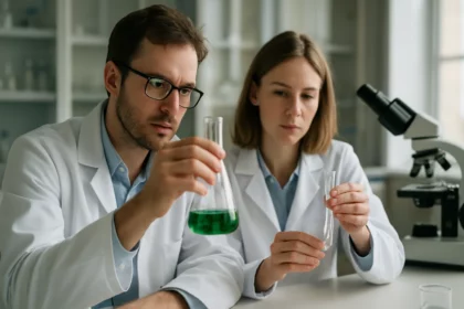 Két tudós laboratóriumban pirokatechin mintát vizsgál