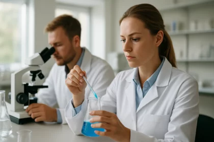 Két tudós laboratóriumi munkában, különböző vegyszerekkel és mikroszkóppal.