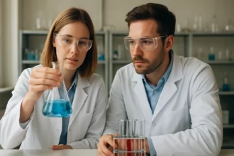 Két tudós laboratóriumban, kémcsövek és kék oldatokkal végzett kísérlet.