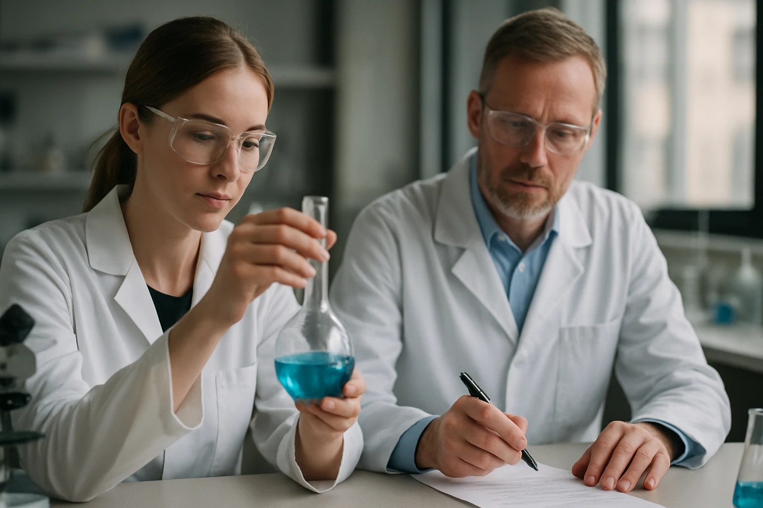 Két kutató kémiai kísérletet végez laboratóriumban