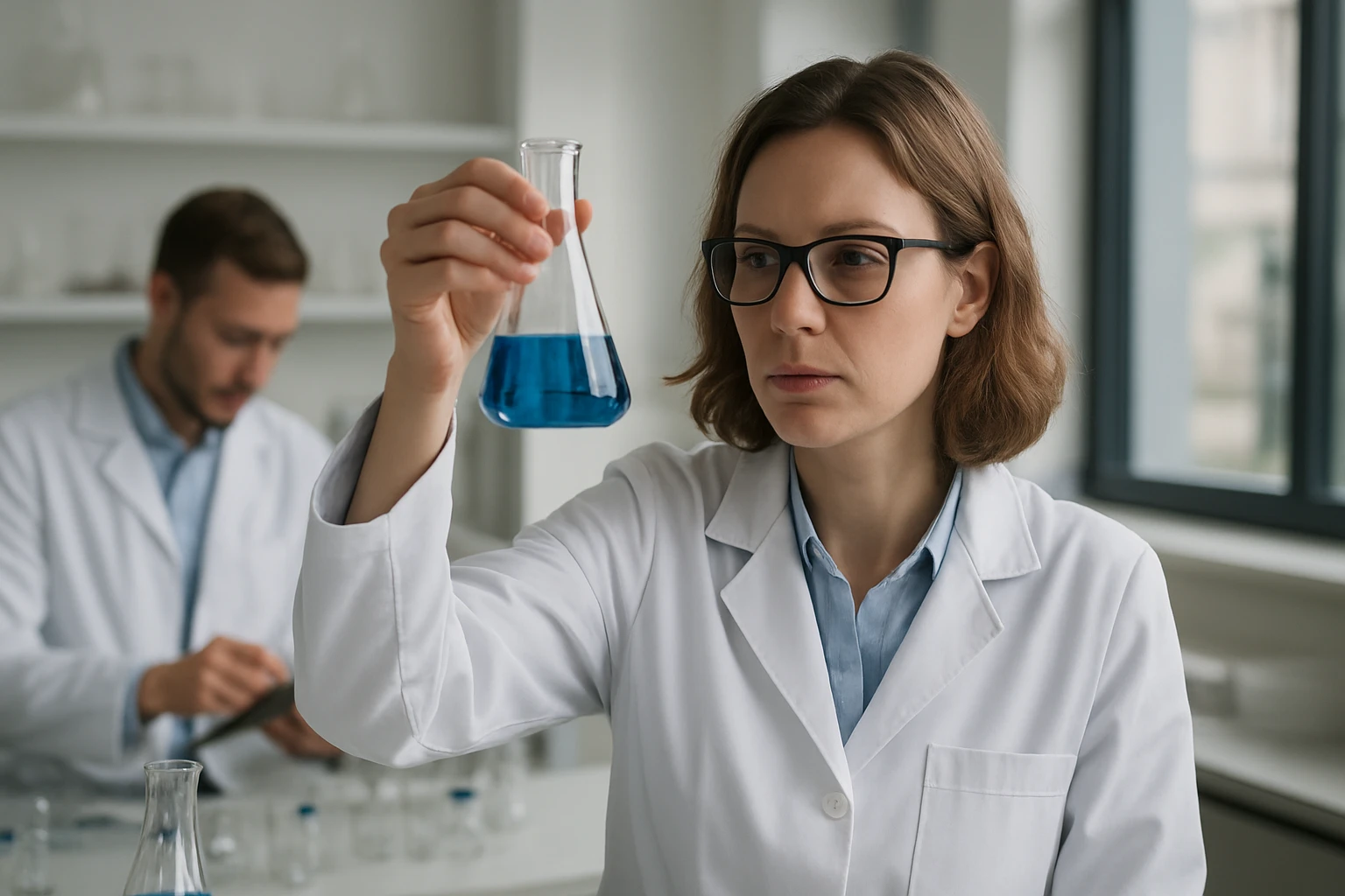 Kemikús a laborban kék folyadékot vizsgál egy kémcsőben.