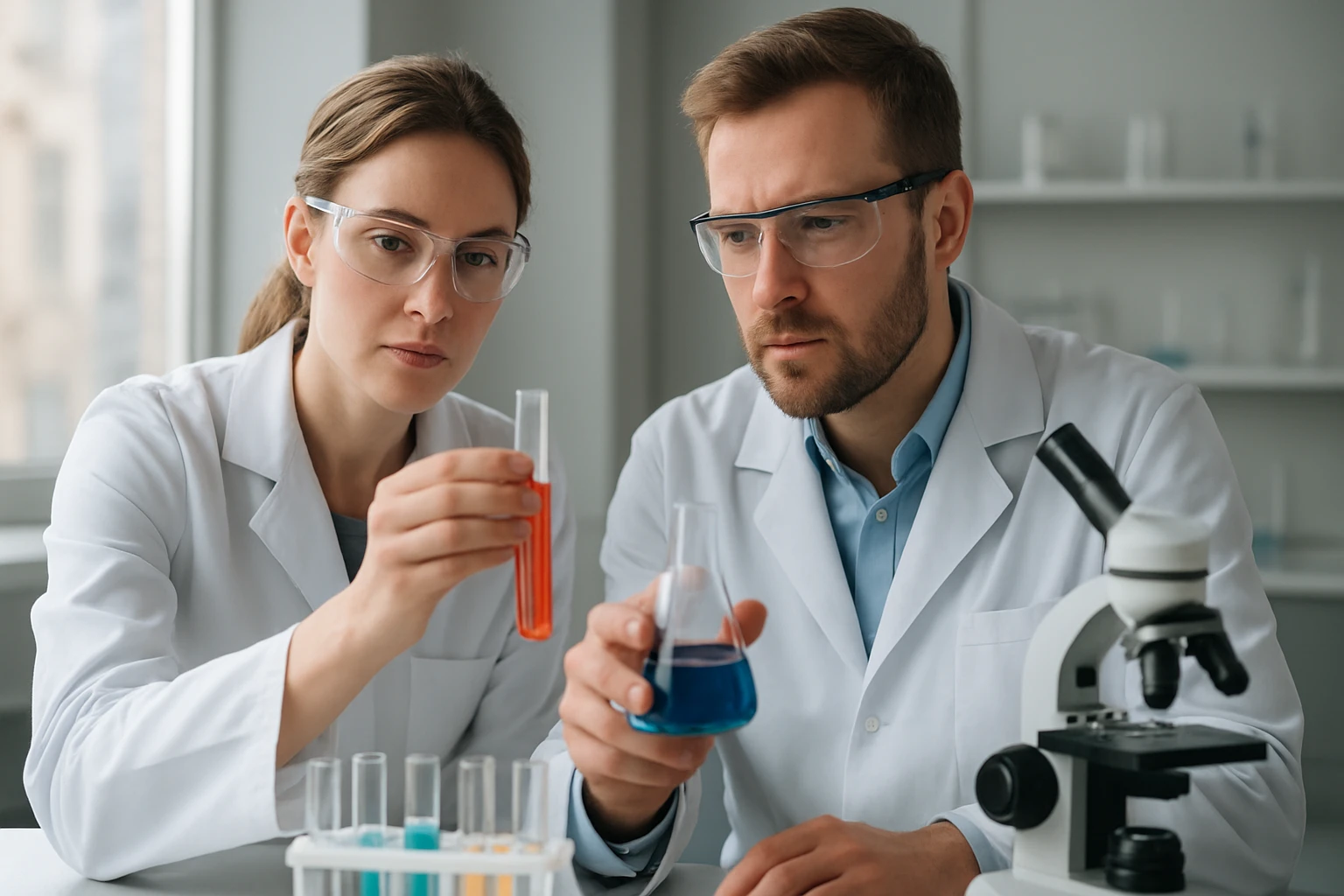 Két tudós laboratóriumi kísérletet végez, ninhidrin teszt.