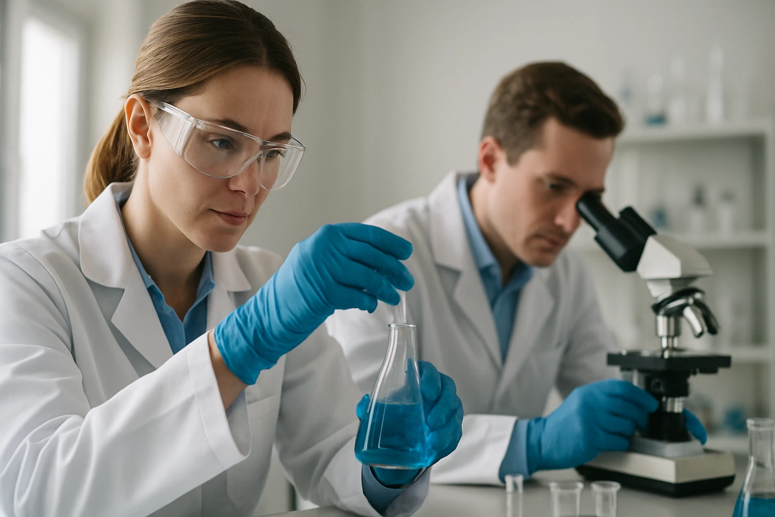 Két kémikus laboratóriumi munkát végez, kék folyadékkal.