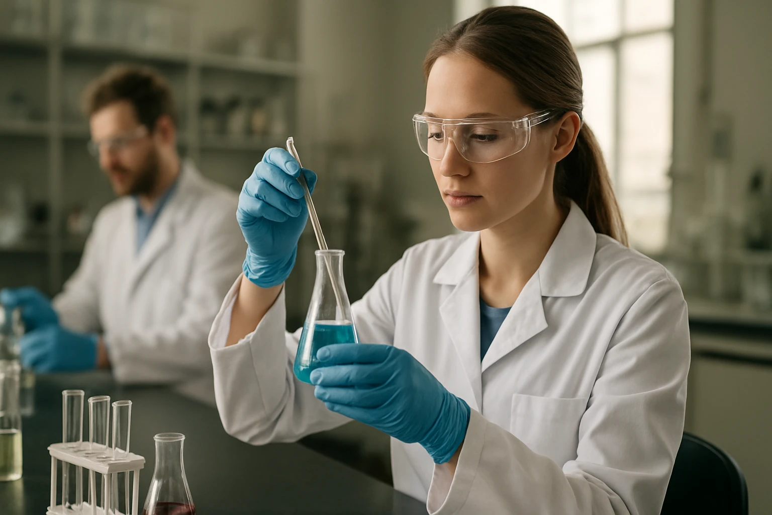 Laboratóriumban dolgozó tudós a 1,4-diazin vizsgálatánál.