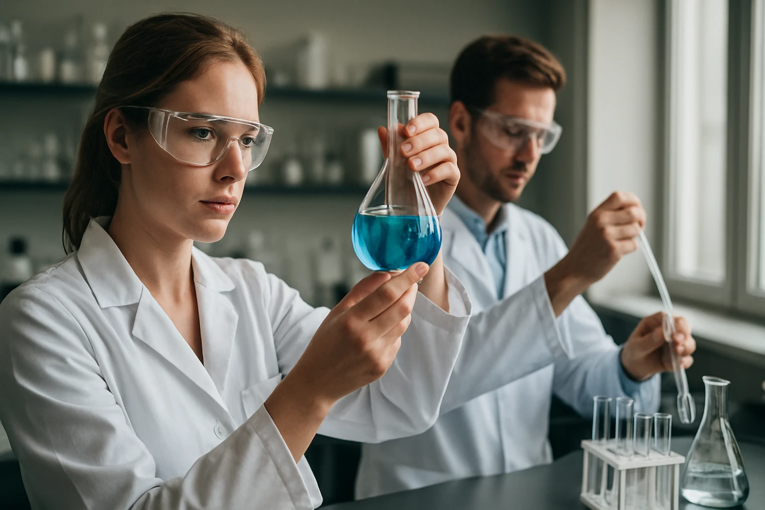 A 3-(4-hidroxi-3-metoxifenil)prop-2-énsav képlete és hatásai Két kutató laboratóriumban, miközben vegyi anyagokat vizsgálnak