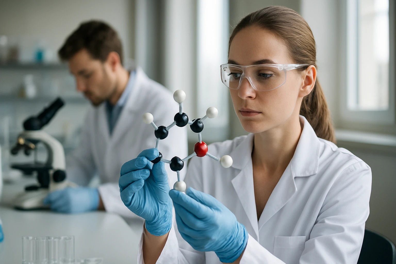 A 3,7-diamino-2,8-dimetil-5-fenilfenazin-5-ium-klorid kémiai képlete és szerepe Kémikus laboratóriumban, molekula modell tartás közben.