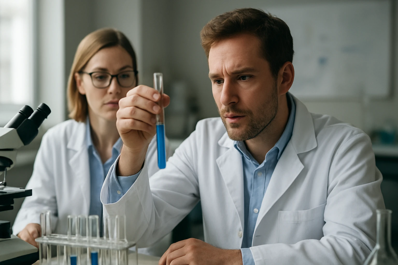 Két tudós laboratóriumban nepetalakton kémiai elemzésén dolgozik.