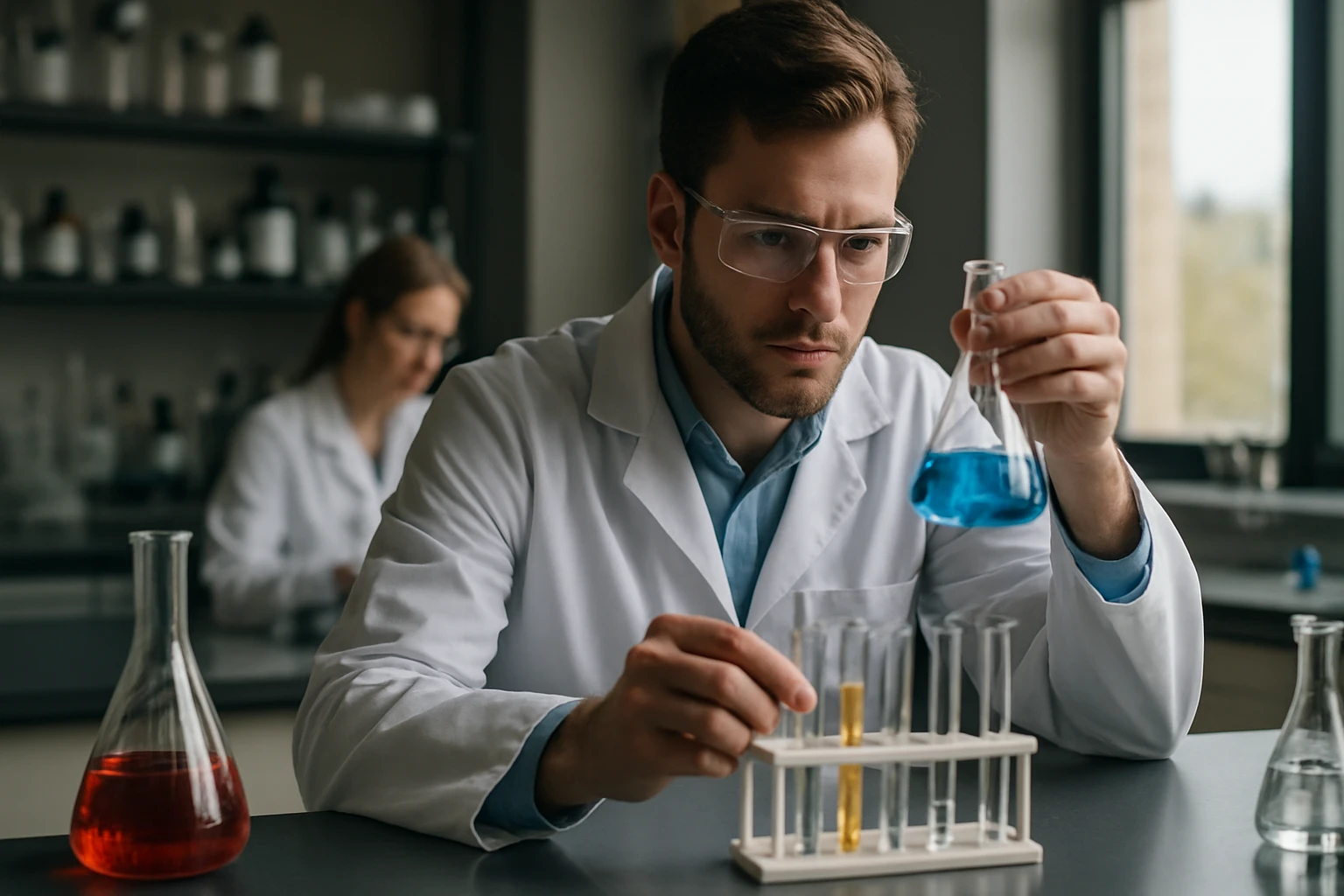 Kémikus laboratóriumban, elemi szálak kutatása közben.