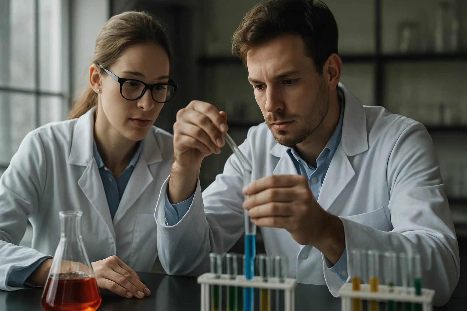 Két kutató laboratóriumban ciklohexán kémiai kísérletet végez.