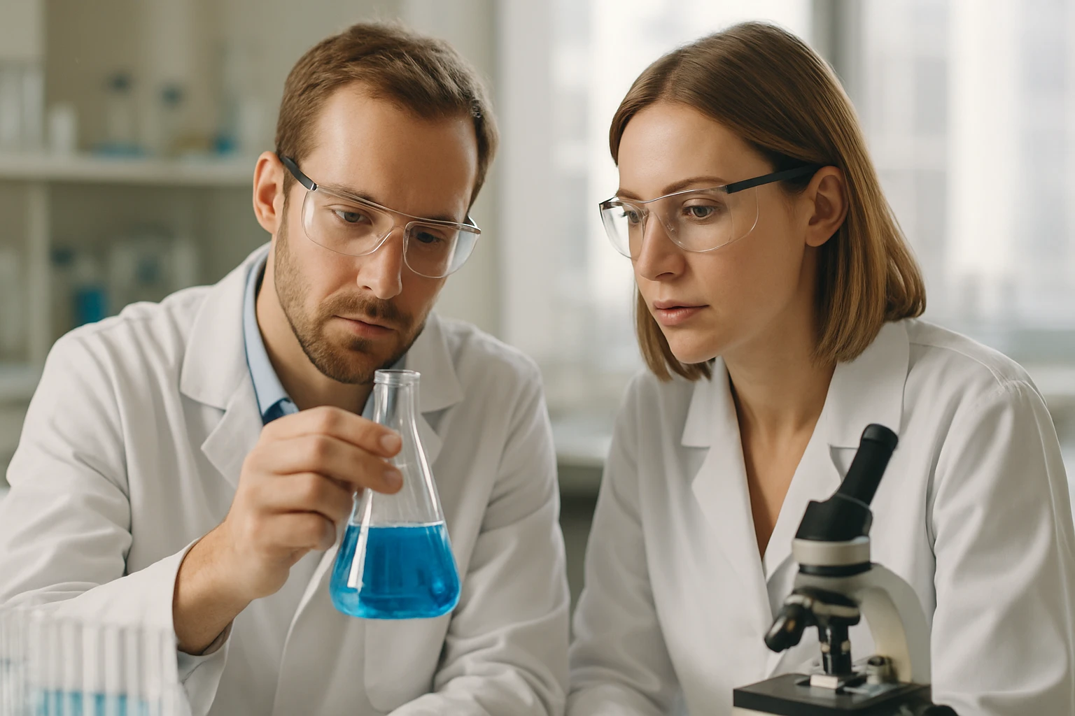 Két kutató laboratóriumban vizsgál egy kék folyadékkal teli kémcsövet.