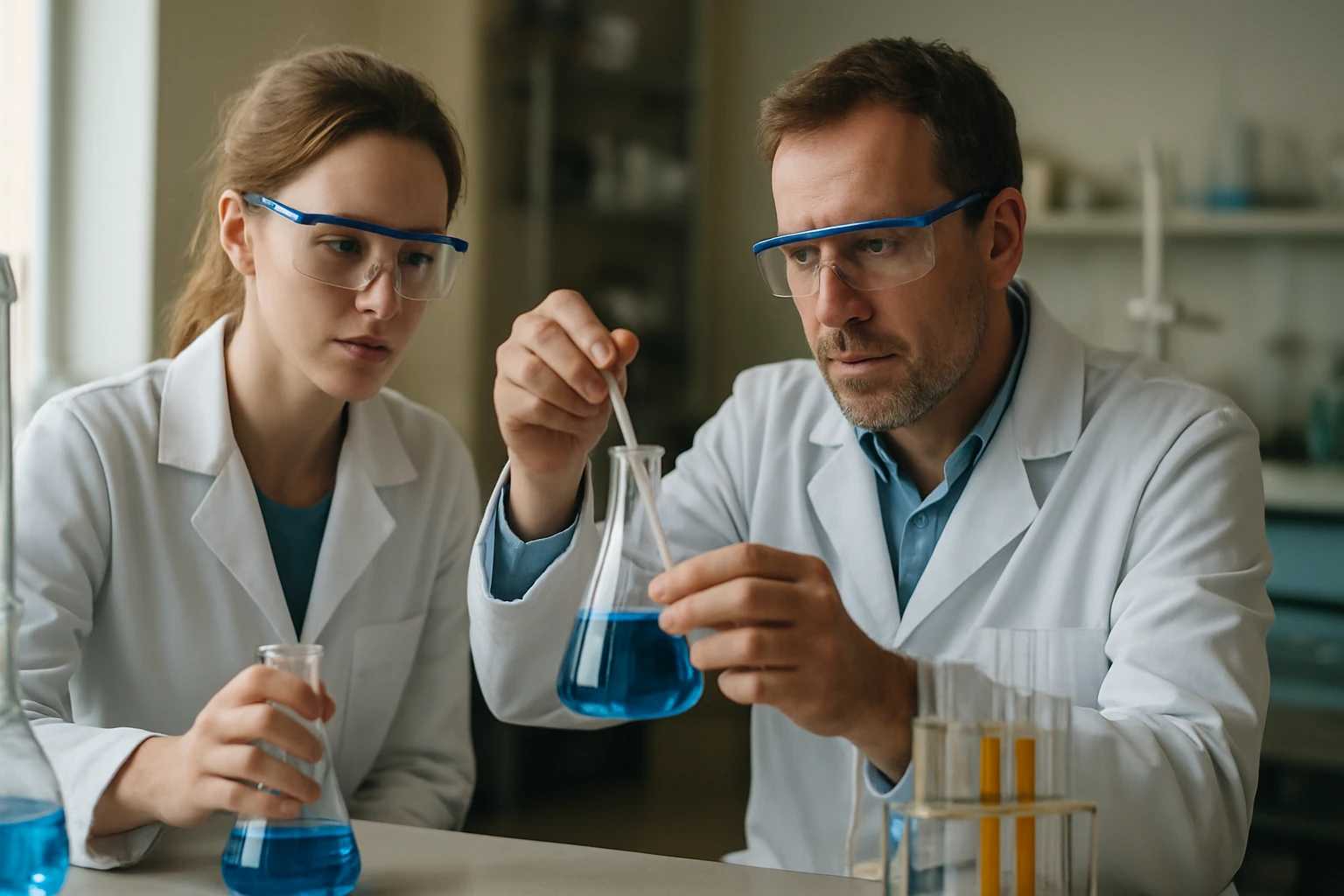 Két vegyész laboratóriumban, kék oldatokkal végződő kémiai kísérletet végeznek.