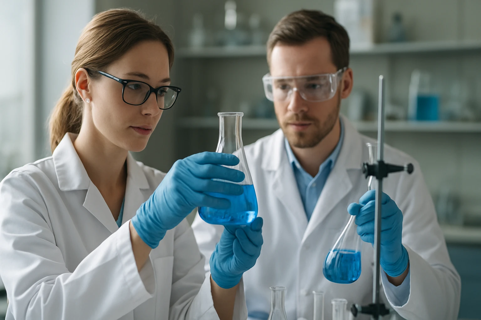 Két tudós laboratóriumban kémiai kísérletet végez, kék folyadékokkal