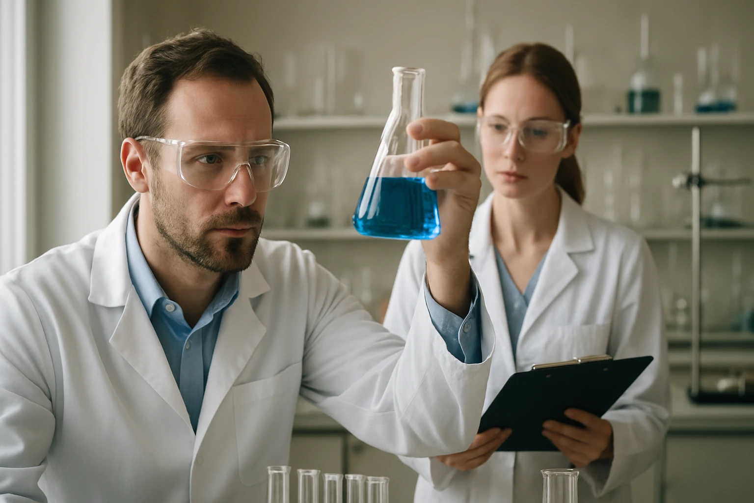 Két kémikus kék folyadékot vizsgál a laboratóriumban.