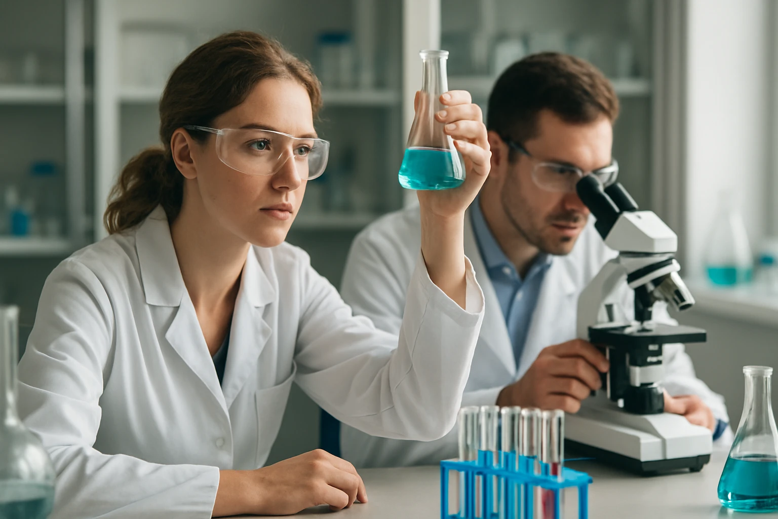 Labornővér kémiai kísérletet végez az azorubinnal (E122)