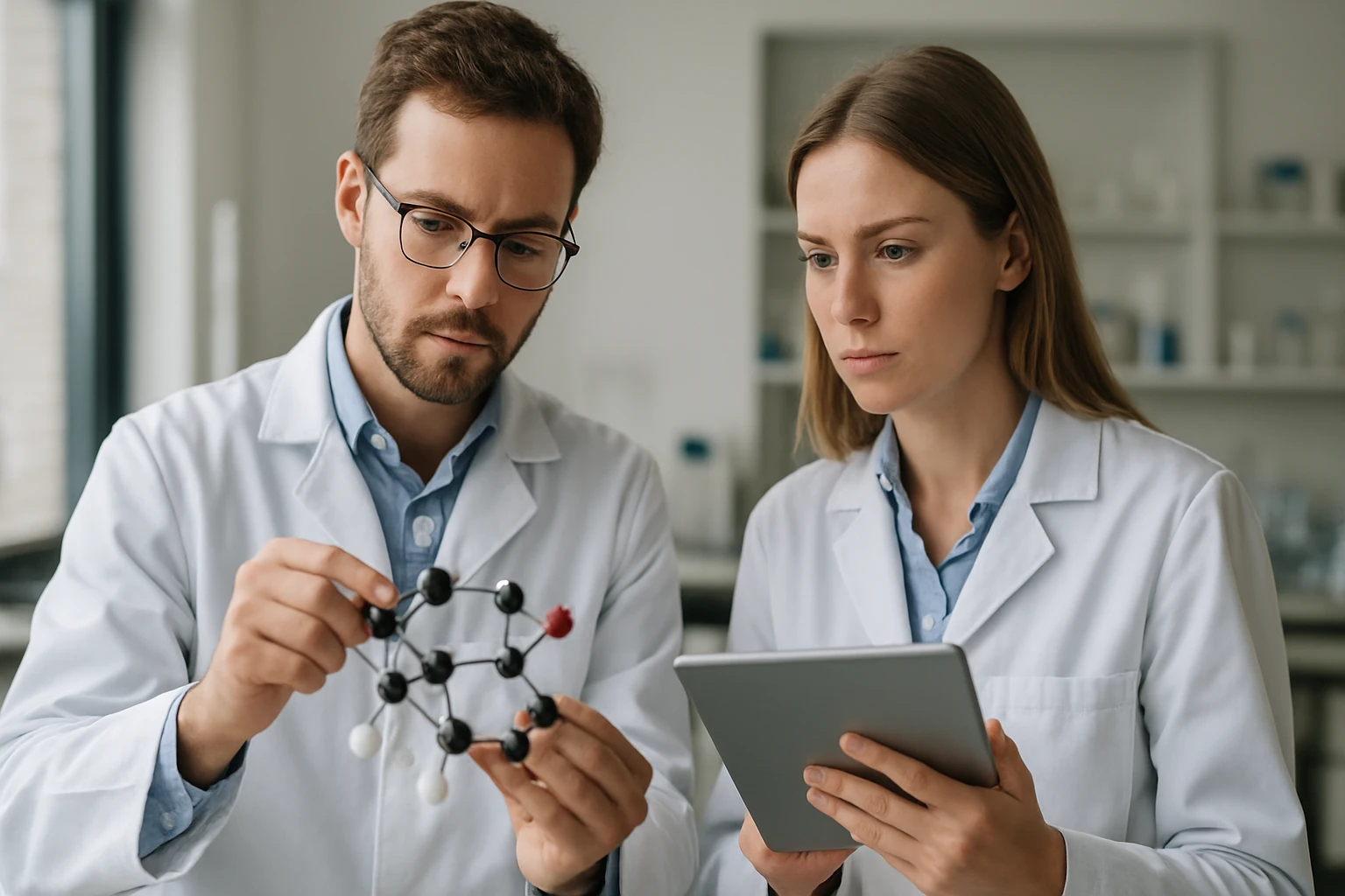 Két kutató benzol-homológok molekuláris szerkezetét vizsgálja laboratóriumban