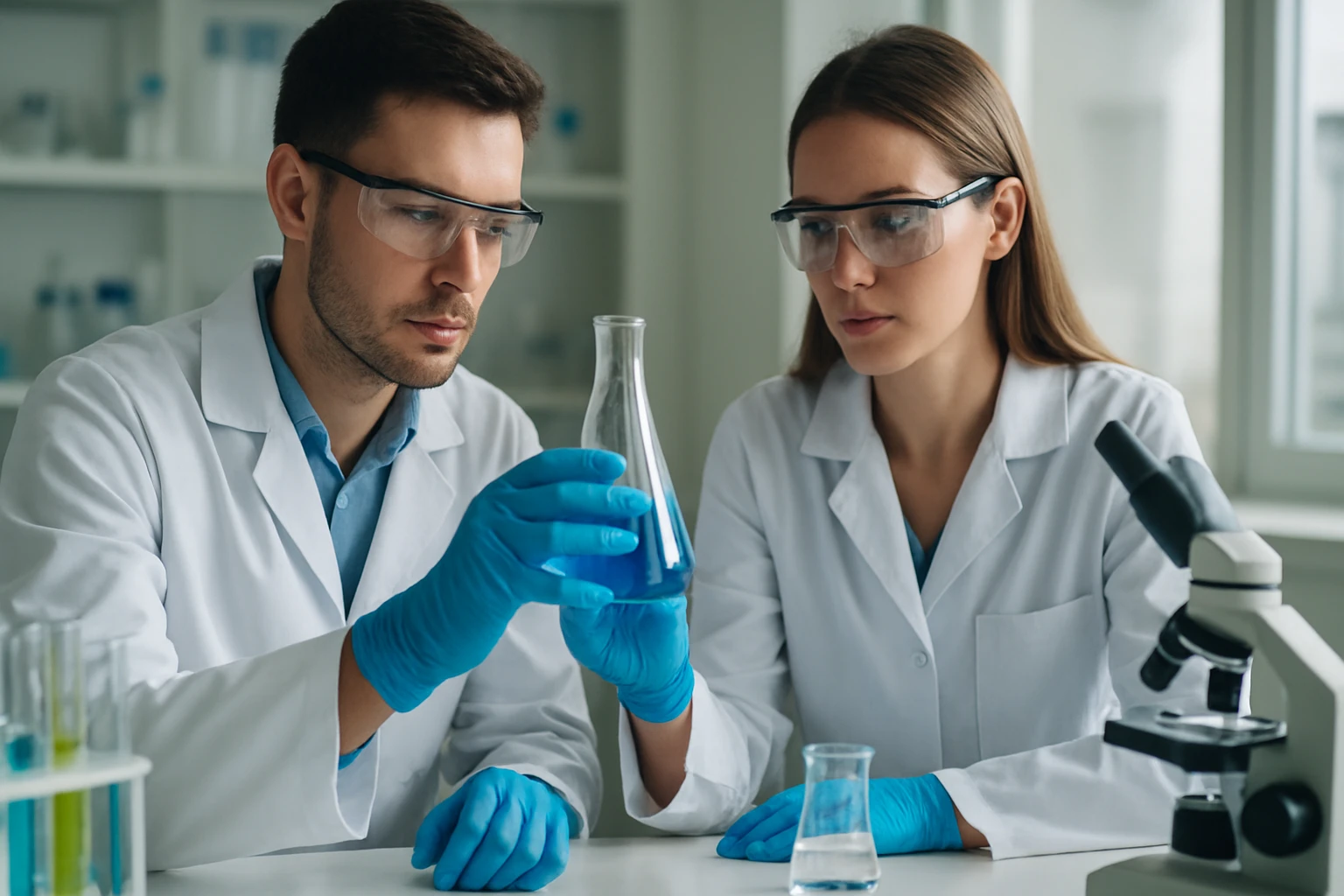 Két fiatal kémikus laboratóriumi munkát végez, miközben kémiai vegyületeket vizsgál.