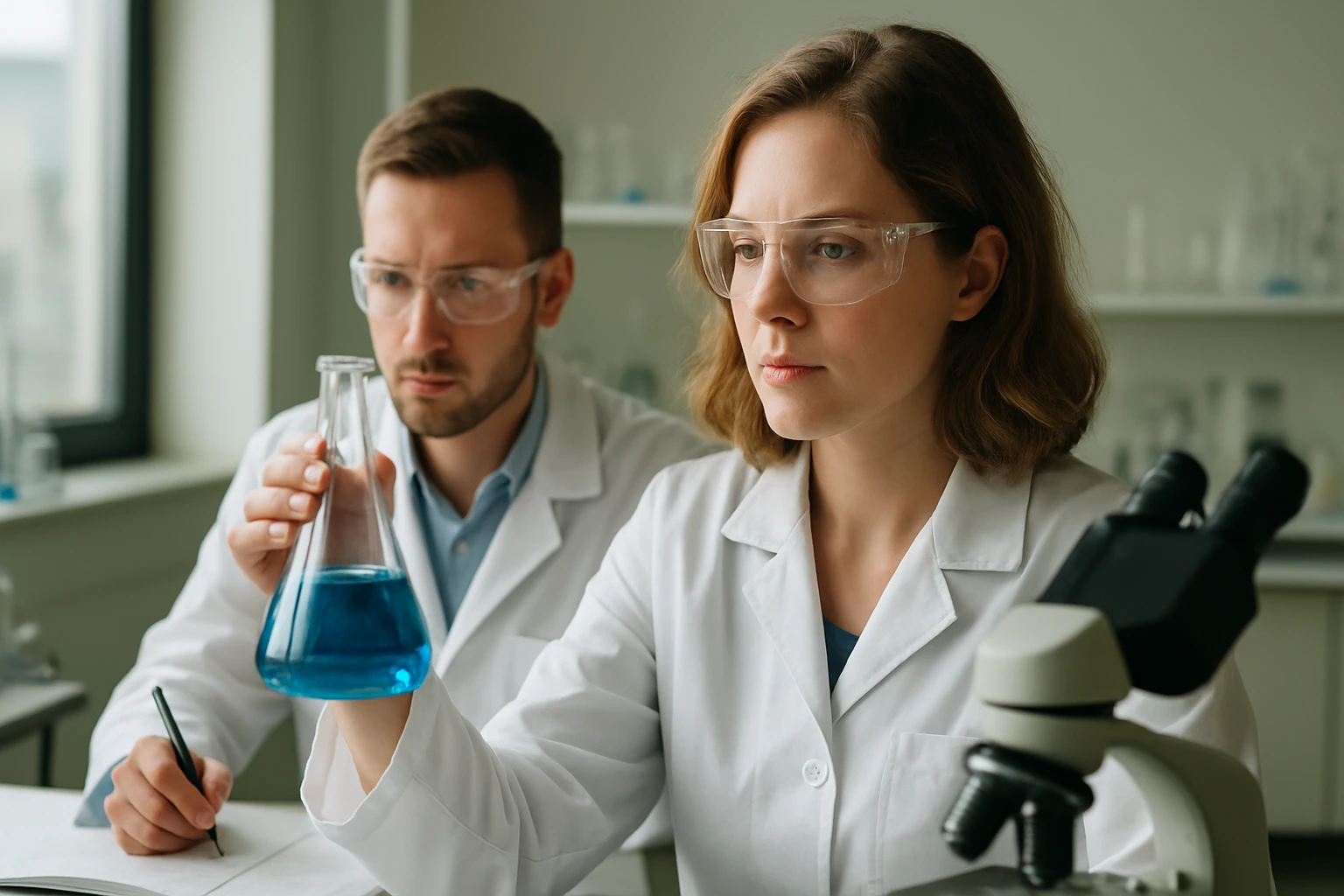 Két vegyész laboratóriumi kísérlet közben, kék folyadékot vizsgálva.