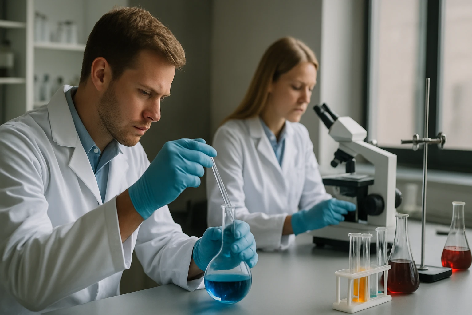 Két kutató laboratóriumban kémiai kísérleteket végez