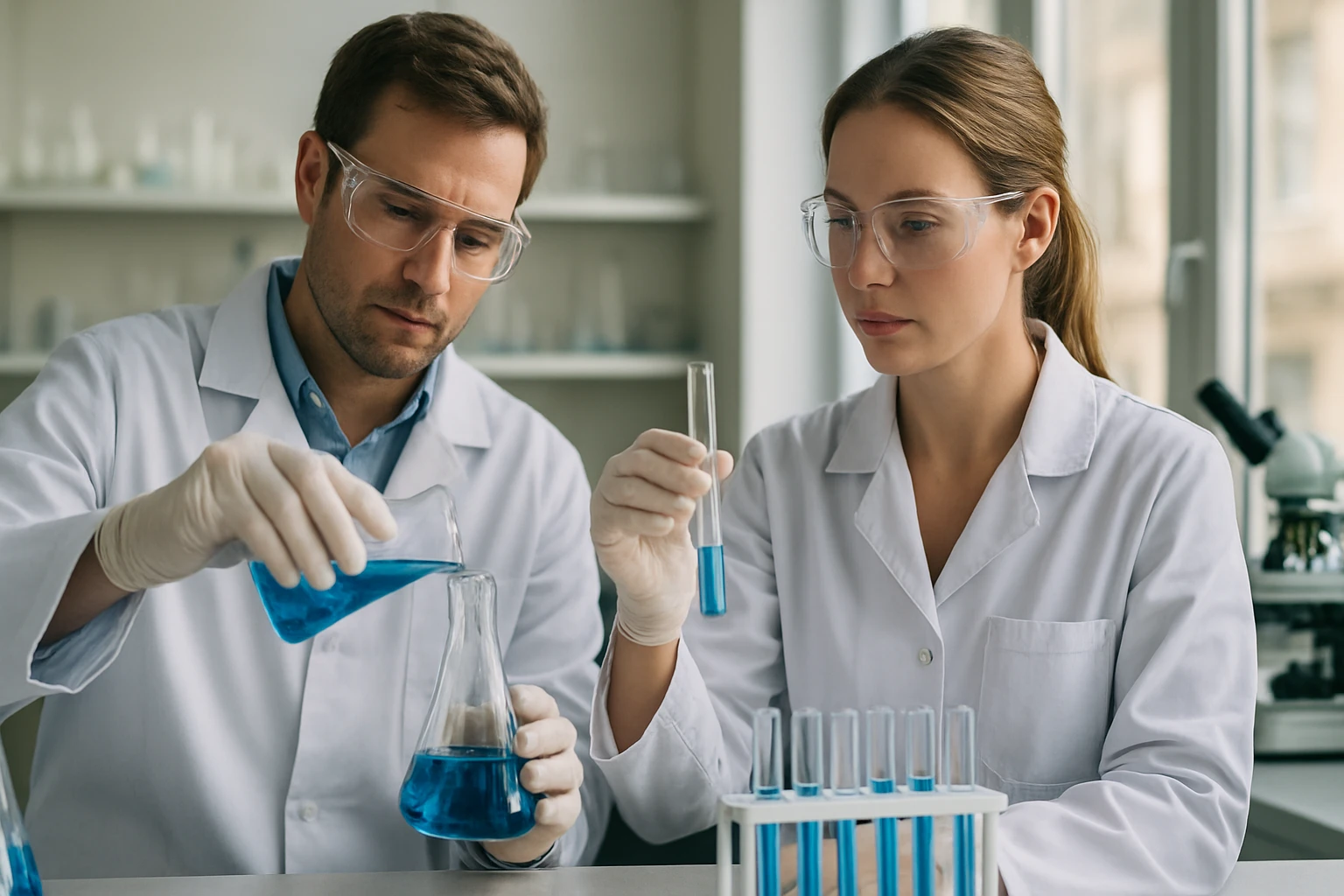 Két kutató kémiai kísérletet végez laboratóriumban.