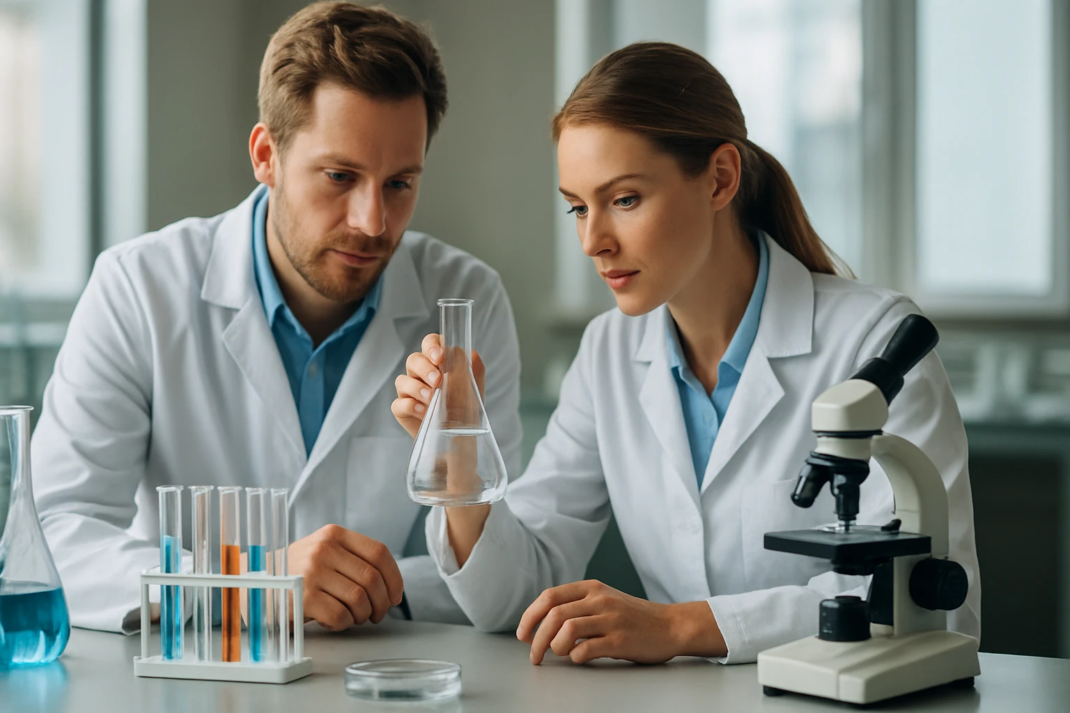 Kémikusok laboratóriumban bioszervetlen vegyületekkel foglalkozva