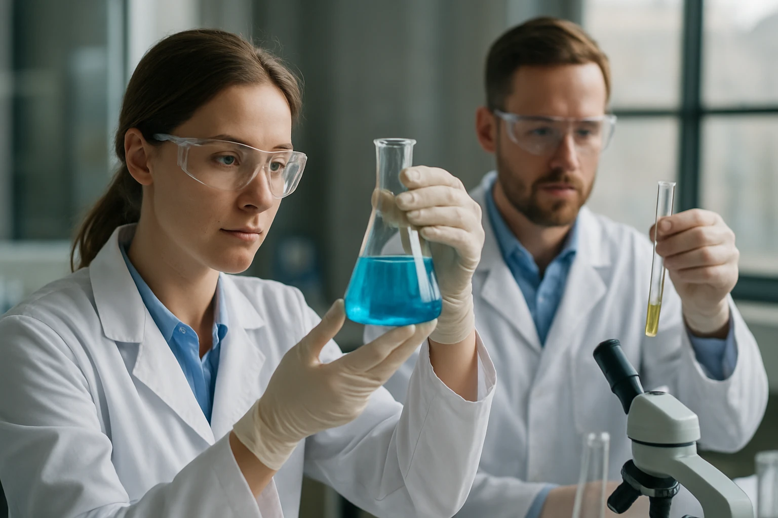 Két tudós laboratóriumban kémiai kísérleteket végez.