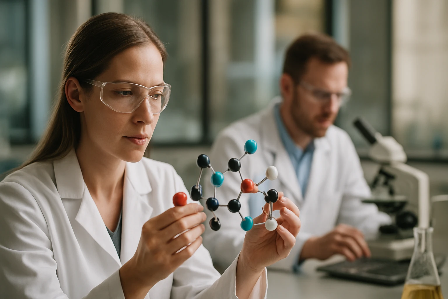 Kutatók a laboratóriumban, biszfenol A molekulát elemzik.