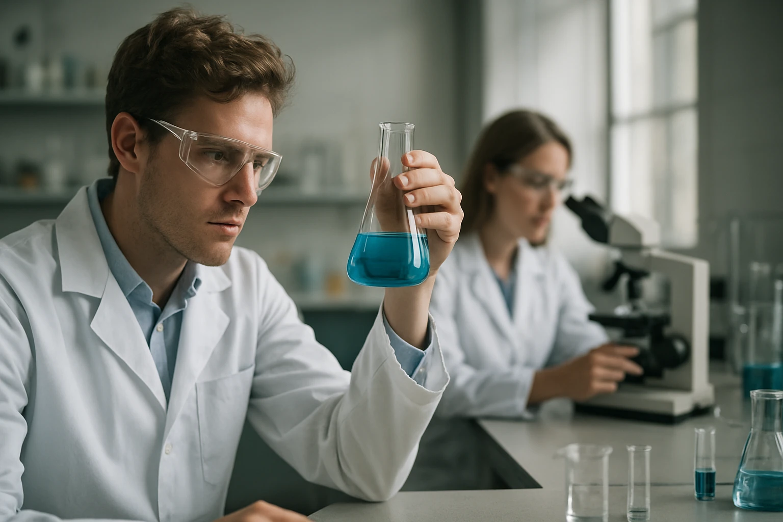 Kémikusok laboratóriumban biszulfit oldattal végzik kísérleteiket.