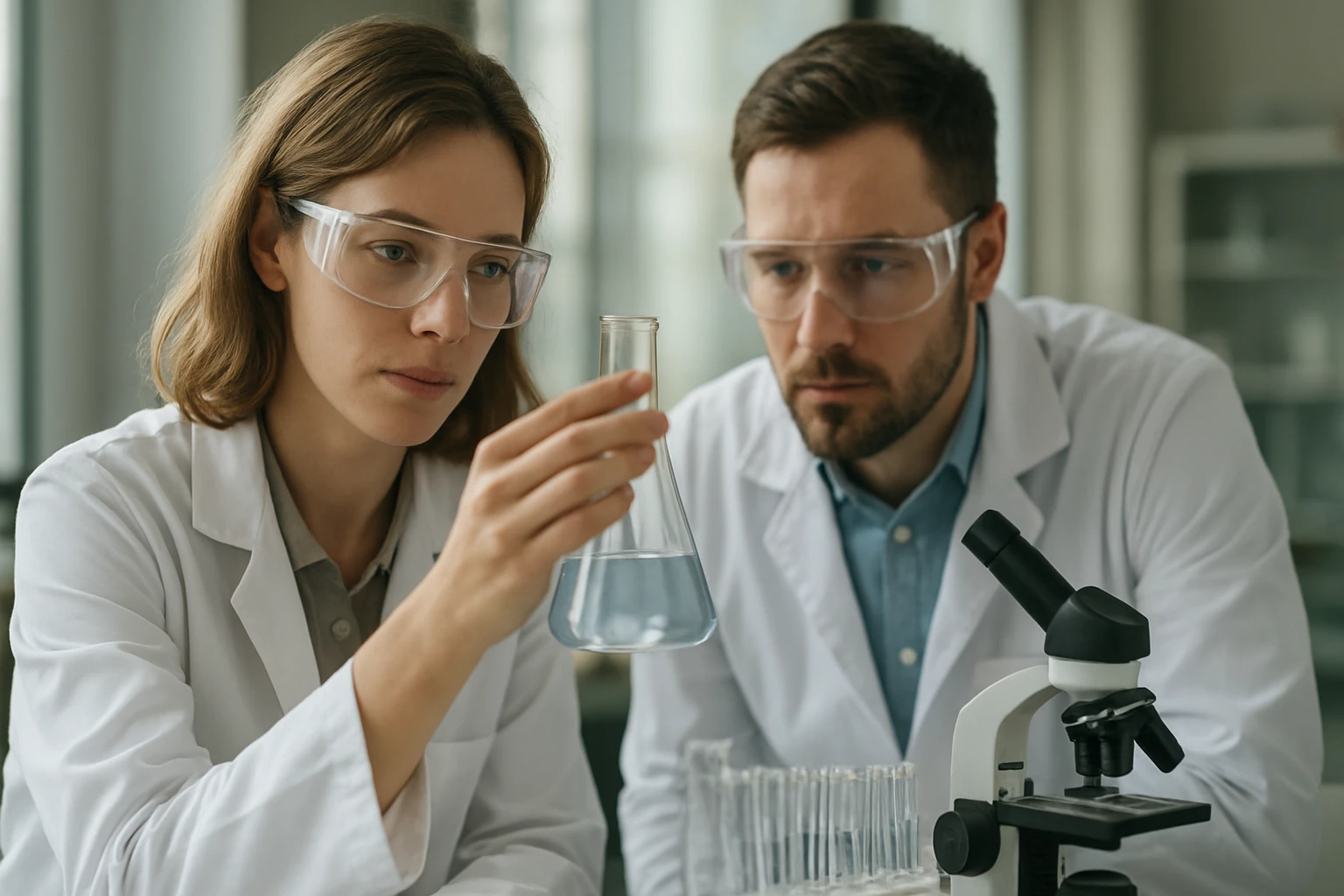 Két kutató a biuret-reakciót tanulmányozza laboratóriumban.