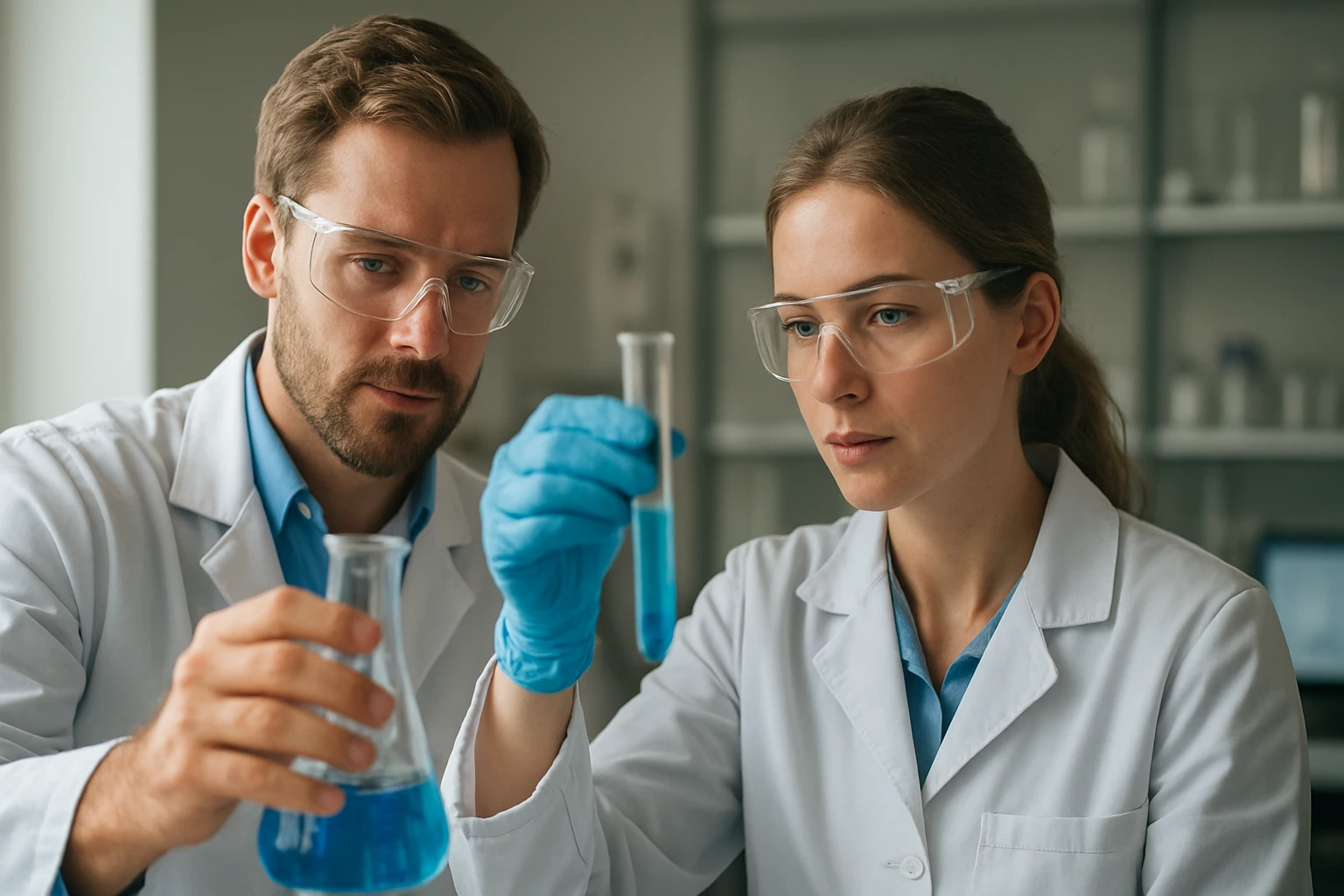 Két kutató laboratóriumban bixin tartalmú színezékekkel kísérletezik.