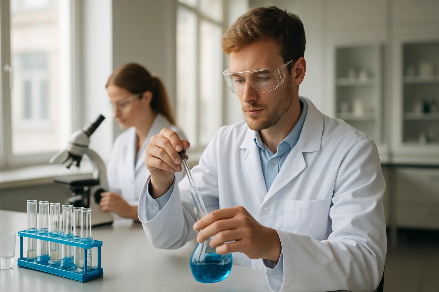 Kémikus a laboratóriumban, bizmut előfordulás és alkalmazások kutatása.