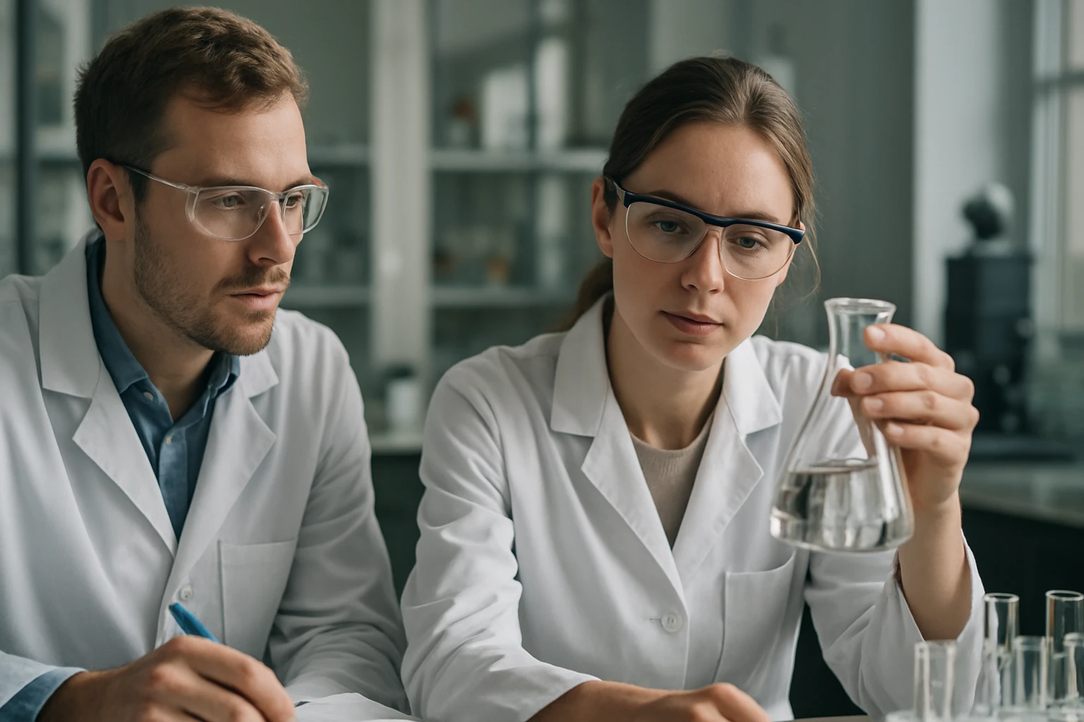 Két kutató laboratóriumban, kémcsöveket és oldatokat vizsgálnak.