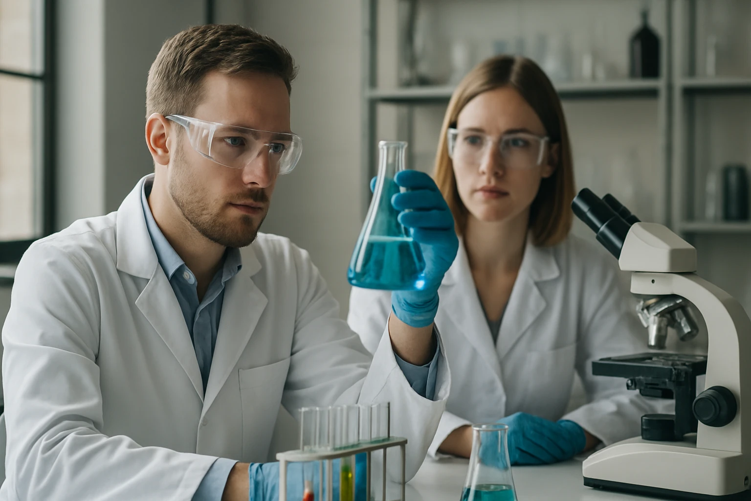 Két kutató laboratóriumban bór-halogenidekkel foglalkozik.