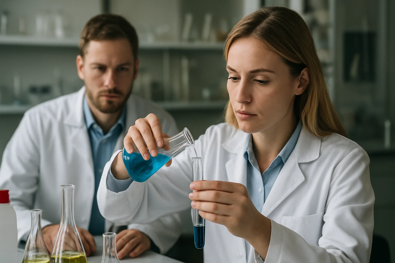 Két kémikus laboratóriumban dolgozik, folyadékot mérnek be