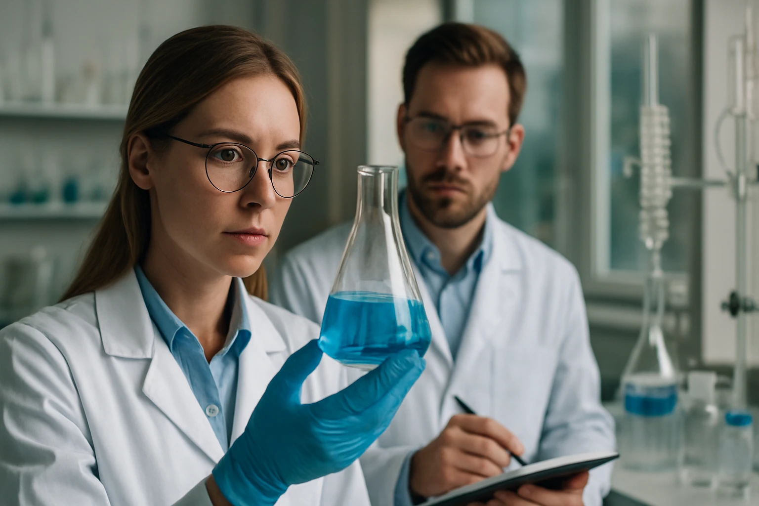 Két tudós laboratóriumi kísérletet végez, bór-trioxid vizsgálata