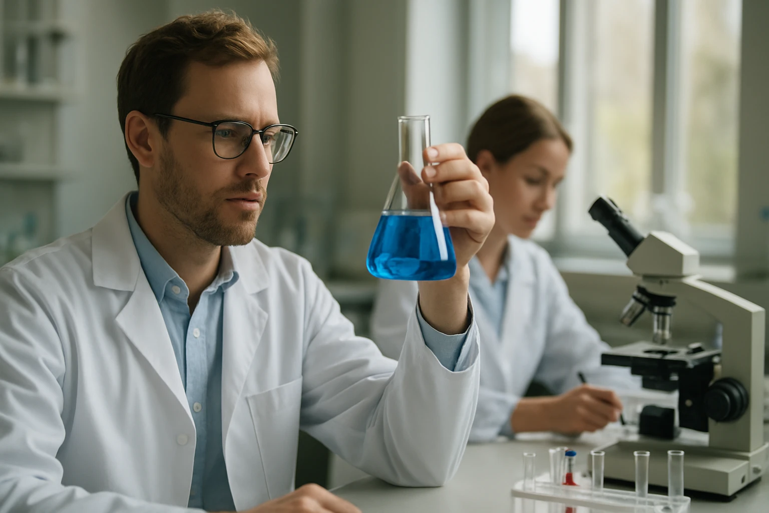 Kémikus kék folyadékot vizsgál egy laboratóriumban.