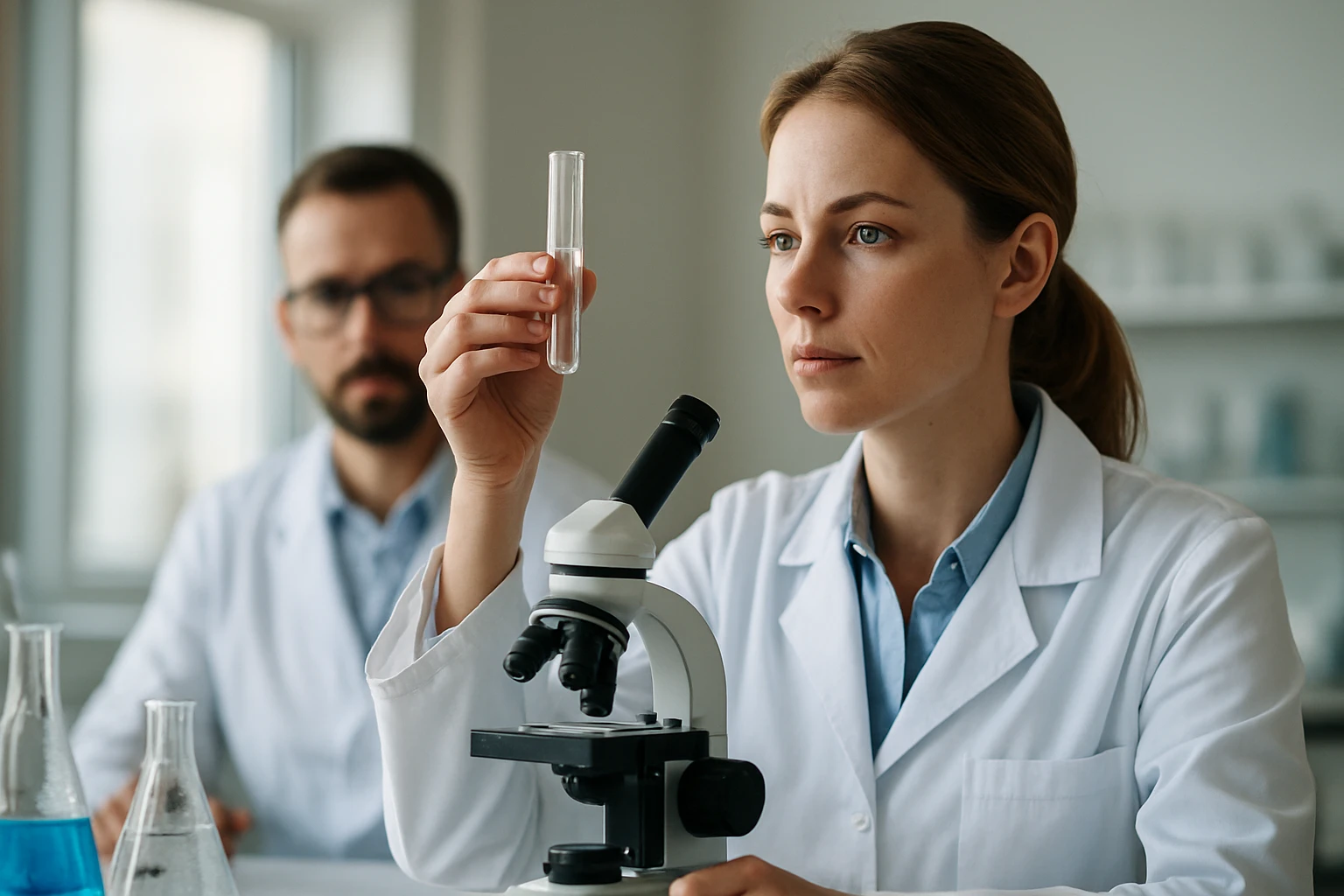 Kémikus laboratóriumban boraxot vizsgál egy mikroszkóp alatt.