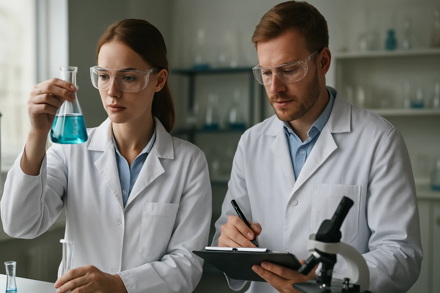 Laboratóriumban dolgozó tudósok boroszilikát üveggel