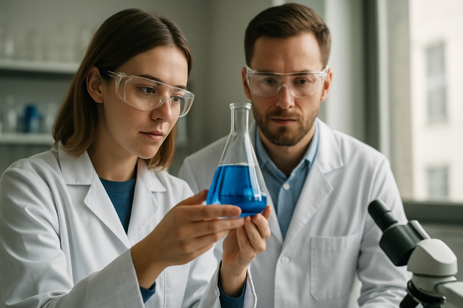 Két kutató bórsav-anhidrid reakcióját vizsgálja laboratóriumban.