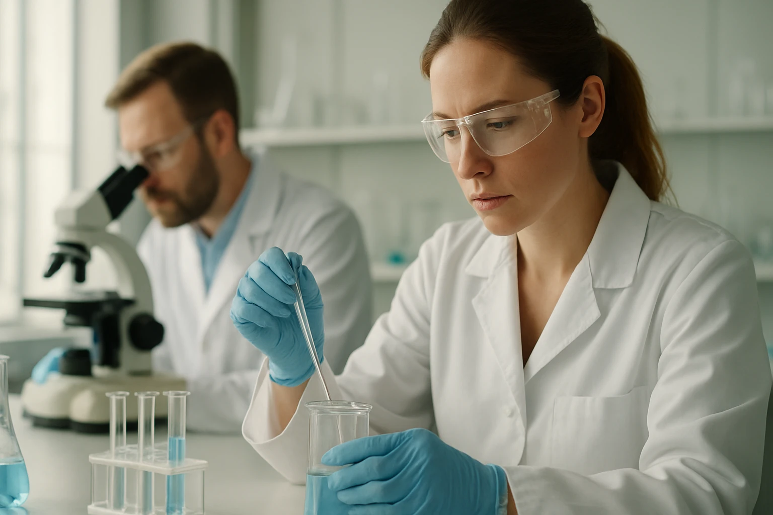 Két kutató kémiai vizsgálatokat végez egy laboratóriumban.